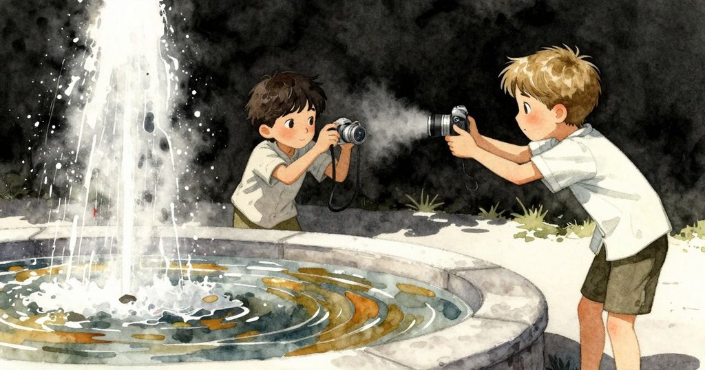 芬正坐在樹蔭長椅上用相機捕捉噴泉中水面琥珀色的倒影,懷亞特在背景中緩步前行,營造出寧靜觀察的氛圍