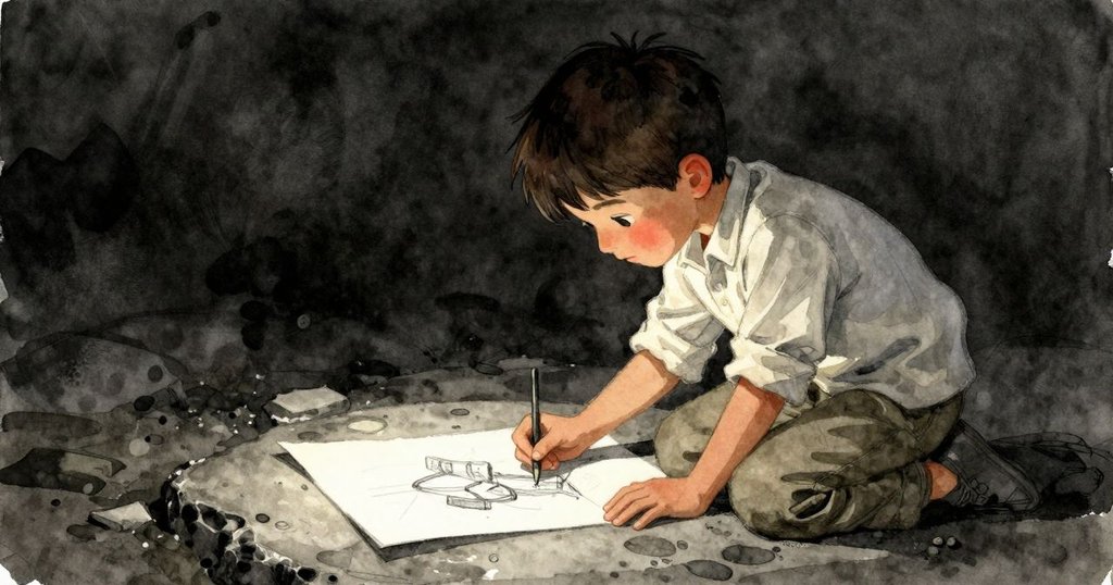 懷亞特跪在缺失石板旁,靜靜地翻動著草圖,手中引導著樹炭,捕捉到創作中溫柔而關鍵的瞬間