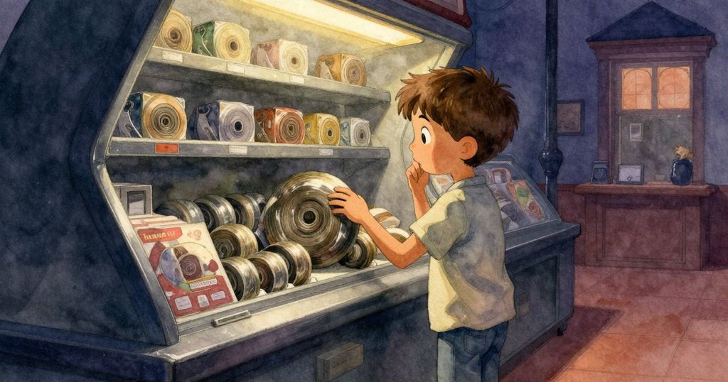 尼爾在包裝站觸摸有紋理的絲帶線圈，背景有焦糖色紙箱與溫暖燈光，表情充滿好奇。