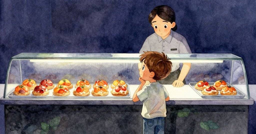 尼爾注視著玻璃後發光的杏色捲餅，對比明顯的展示台上充滿期待，環境散發柔和光芒。