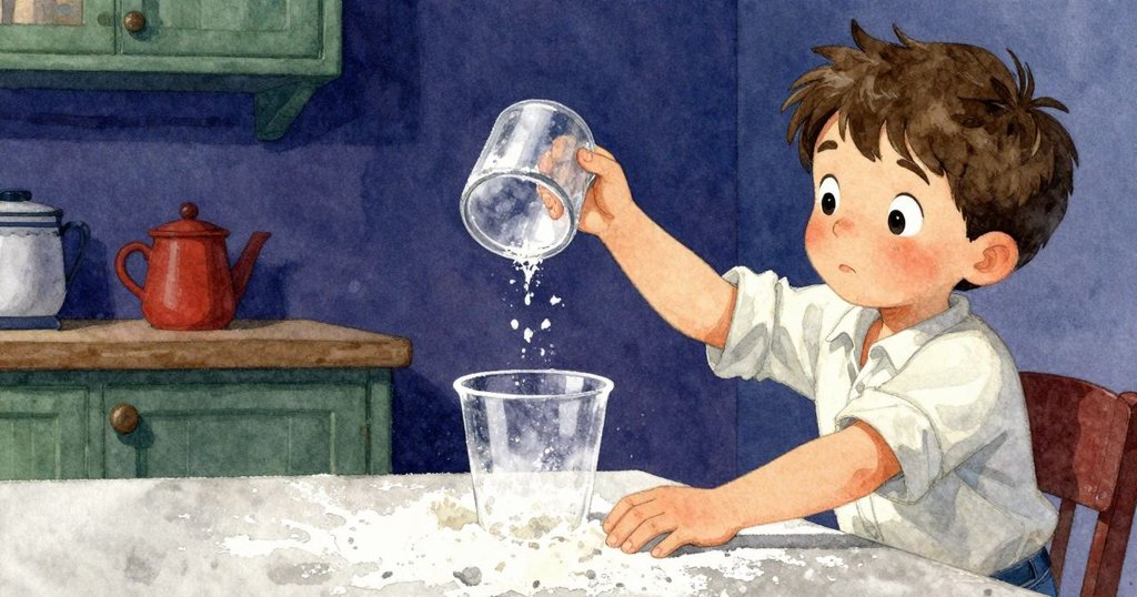 尼爾在粉塵覆蓋的櫃台上輕拋牙籤杯，手勢活潑，臉上洋溢著快樂的笑容。