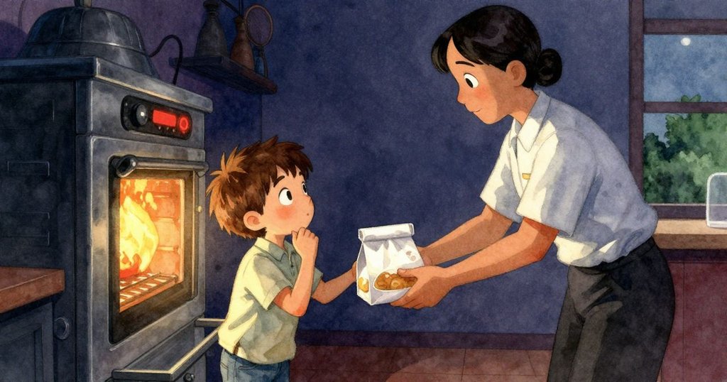 尼爾在櫃台前接過最後一個捲餅，背景烤箱計時器閃光，臉上流露溫柔的接受與寧靜。