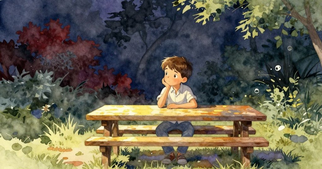 尼爾坐在陽光溫暖的戶外長椅上，手握包裝著甜點的盒子，臉上滿是滿足與寧靜的微笑。