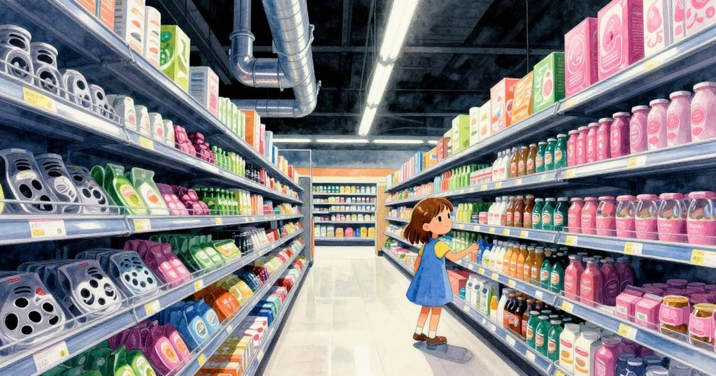 莉莉站在忙碌的水果區, 仔細檢查缺少束帶的卡槽, 現代感商店中充滿繽紛霓虹燈光, 表情好奇