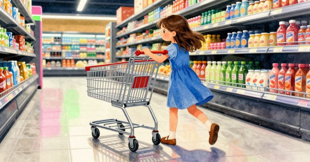 莉莉推動購物車時, 鞋子踏在光滑瓷磚上, 充滿現代感的商店內展現動態步伐與忙碌氛圍