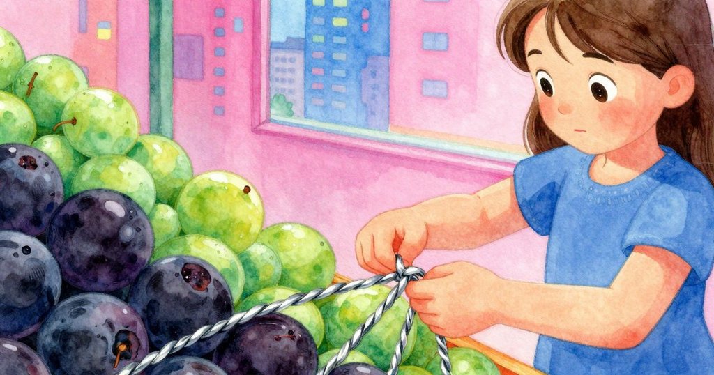 莉莉專注地解開番茄袋上的金屬束帶, 前景細節豐富, 背後展示多層次水果與市區背景, 氣氛集中