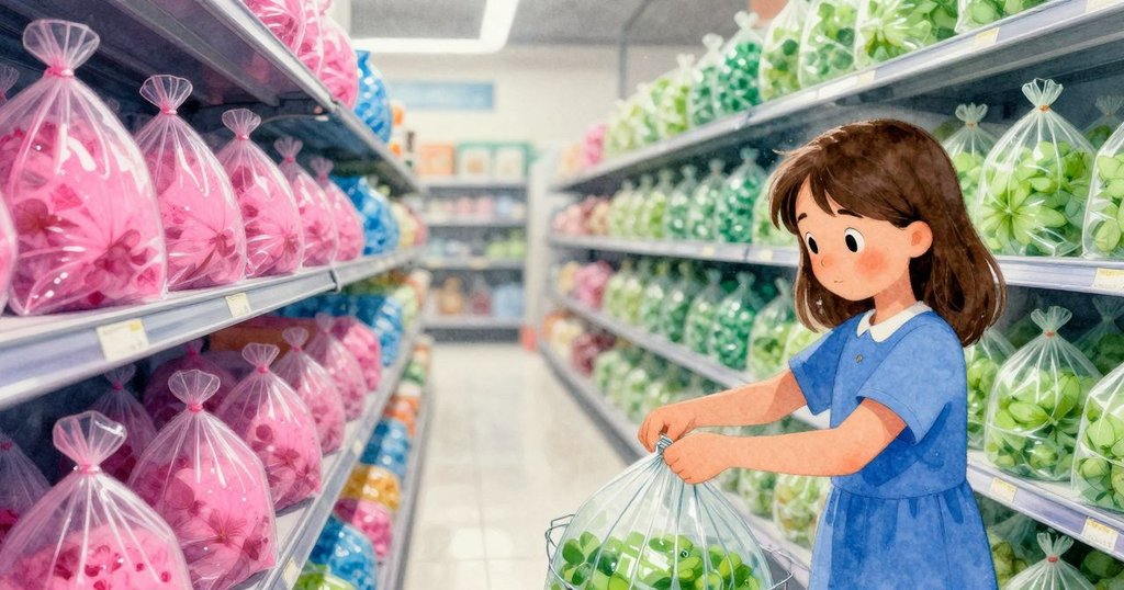 在蔬菜區濕潤氛圍中, 莉莉迅速以金屬線固定葡萄袋, 光線從急促變為柔和, 呈現時間流逝的感覺