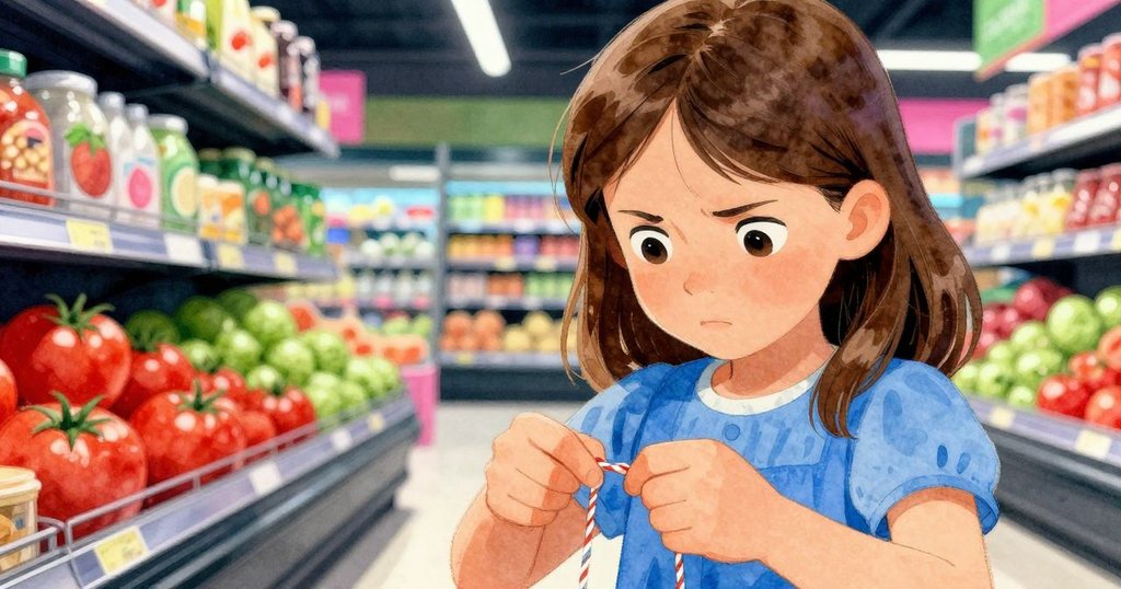 莉莉發現解決方案, 臉上流露堅定微笑, 小心分割束帶固定蔬果袋, 背景有輕晃的番茄, 氣氛充滿驚喜