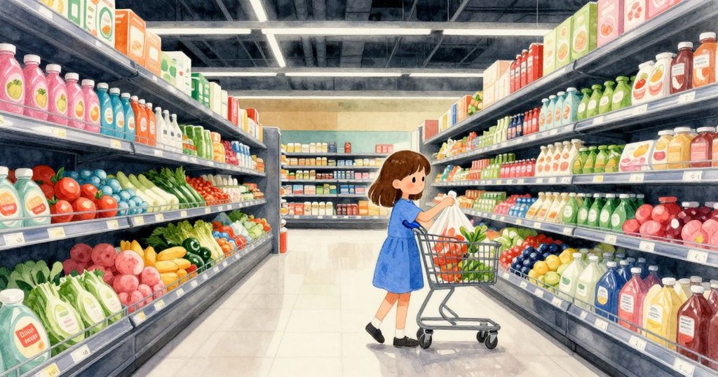 莉莉滿意地將固定好的蔬果袋輕放入購物車籃, 商店內寧靜有序, 展現成功解決問題後的安心與成就感