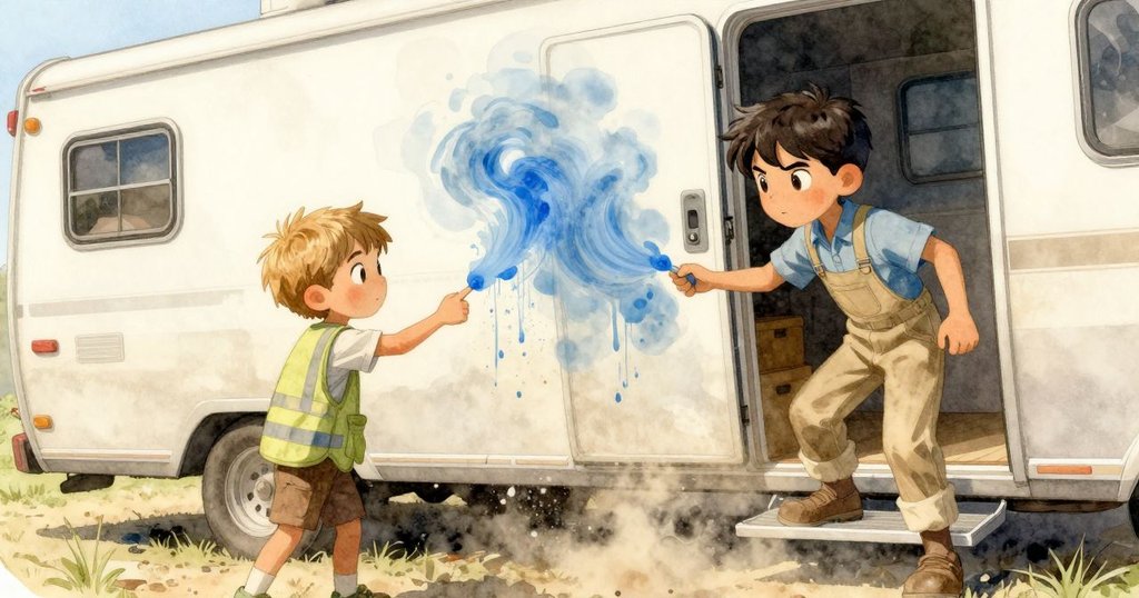 萊恩在拖車門口比較藍色調,薩布爾在旁邊平衡著工具,空氣中擴散著麵粉與糊狀物的動態場面