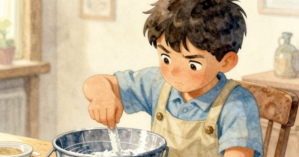 萊恩專注攪拌糊狀物,仔細檢查混合漿桶與粉筆線,畫面細節豐富展現製作過程