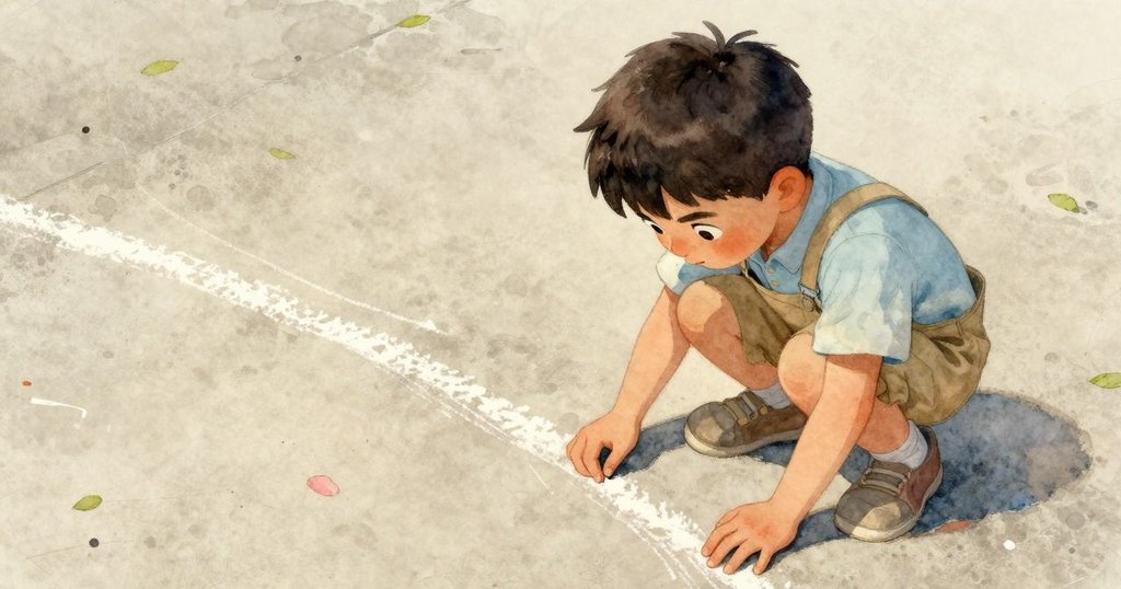 萊恩從高處俯視,蹲下仔細檢查漸漸消退的粉筆線,面露關切與專注於工作細節的情感