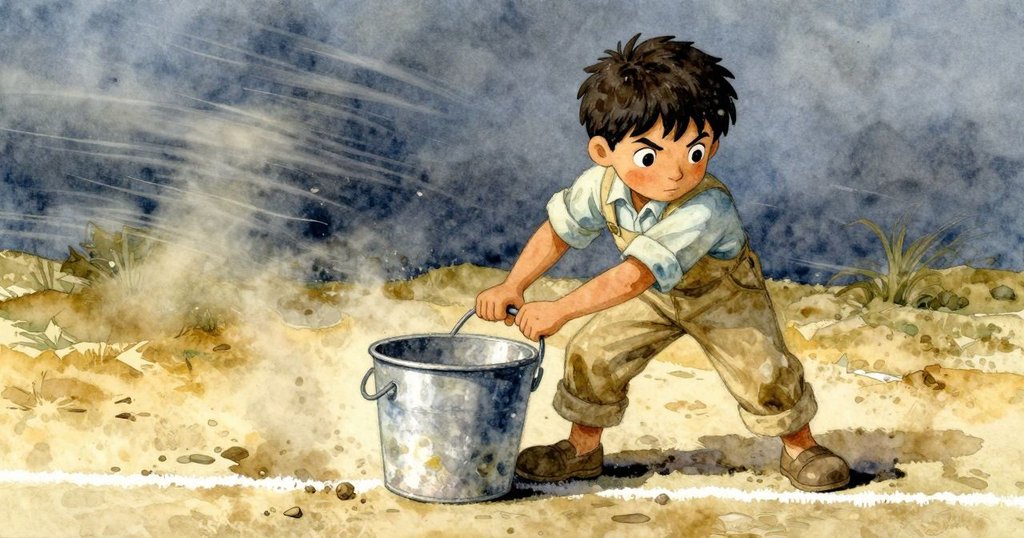 萊恩面對突如其來的陣風,艱難地將沉重漿桶壓在混凝土地面上,努力沿粉筆線推動桶子,畫面充滿挑戰感