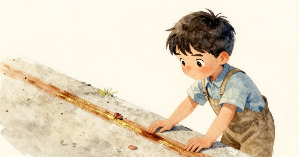 萊恩滿懷欣慰地欣賞新畫的肉桂色線條,象徵著努力與堅持的結晶,畫面平靜卻充滿沉穩的創造情懷