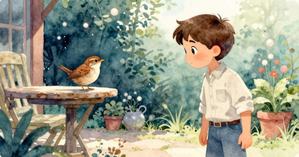 Max在濕潤庭院中驚訝地指向鉗下飛出的畫眉, 天空呈現水藍色, 神情專注而好奇