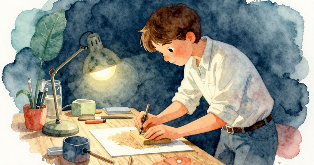 Max在工作台上仔細檢查砂光塊與參考物, 手觸摸磨痕與平滑面, 燈光溫暖, 神情專注