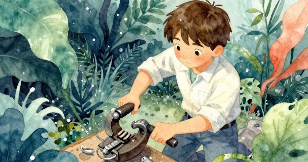 從高角度觀察, Max收緊鉗子, 手部動作明確, 工作台上露水點滴閃爍, 神情專注