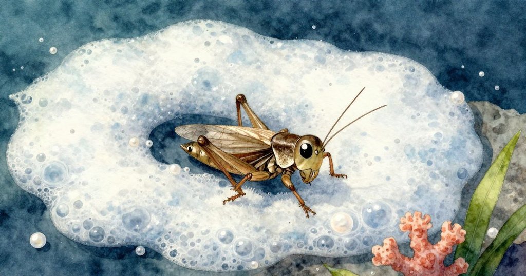 放大特寫砂光塊泡沫, 蟋蟀隱藏其中輕振翅膀, 燈光柔和, 呈現細緻紋理與生態韻律