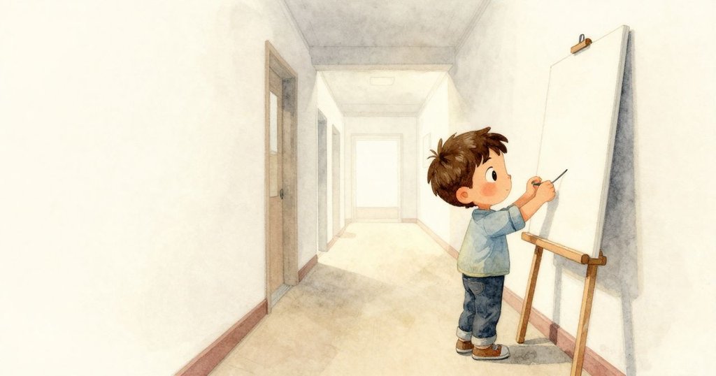 Kit走進晨光中的走廊，注視缺少海報的公告板，表情好奇，環境明亮安靜。