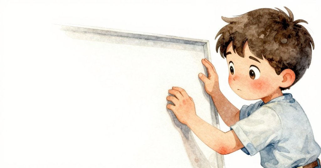 Kit專注地用手指觸碰缺失海報的位置，細膩動作展現探索心情，背景安靜明亮。