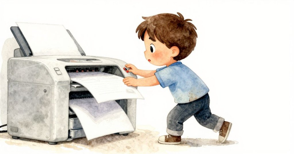 Kit低角度移向印表機區，表情充滿好奇，探尋柔和光線下環境科技感。