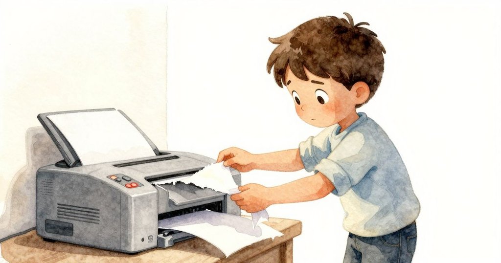 Kit在印表機前小心取下撕裂紙片，暖空氣與微紅警示燈映出機械細節，專注面容映襯著探索情感。