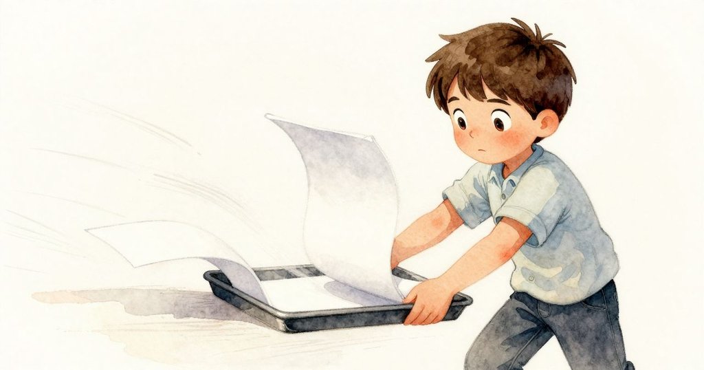 Kit注視新鮮印出的紙張流動，缺失海報輕柔落下，動態畫面展現印表機恢復運作，場景充滿希望。