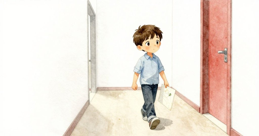 Kit手持新印海報走回走廊，頭頂感應燈熄滅，場景呈現安靜後續，充滿期待與平靜。