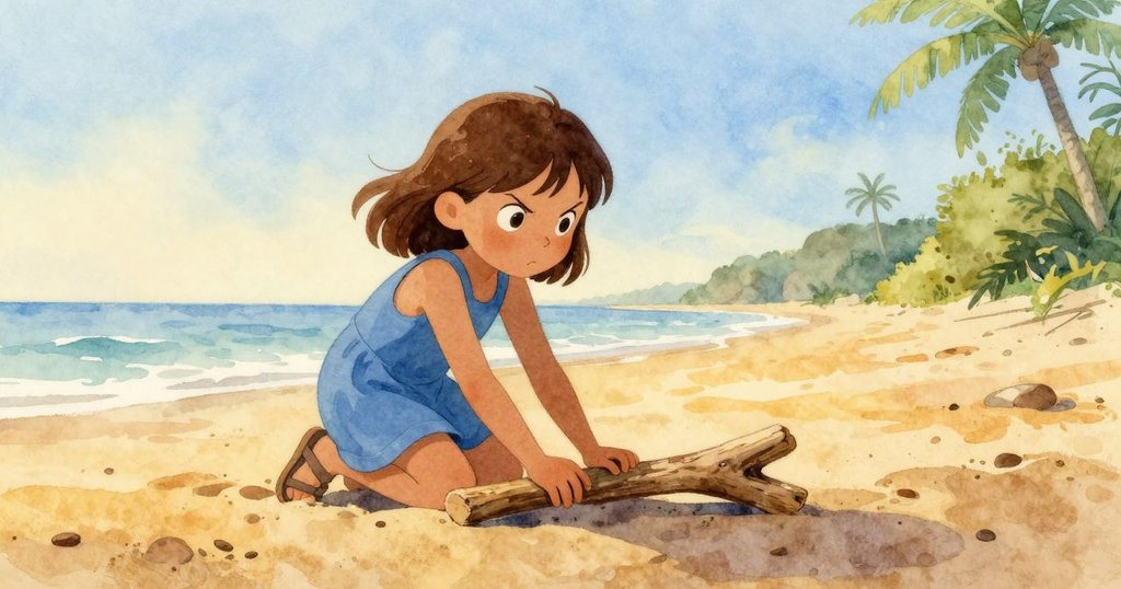 清晨沙灘上，Hazel蹲下以樹枝畫沙紋，背影在金光中顯出唯美輪廓，流露專注與期待之情