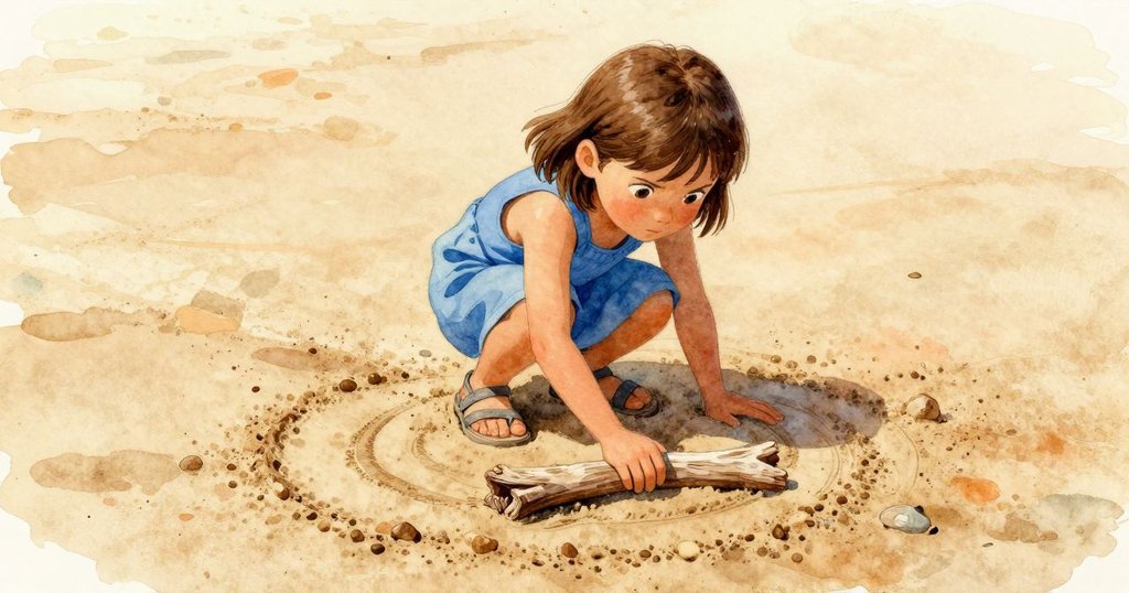 Hazel手持樹枝在潮濕沙上勾勒螺旋，乾濕沙面對比鮮明，沙粒光影間展現創意與細膩技巧