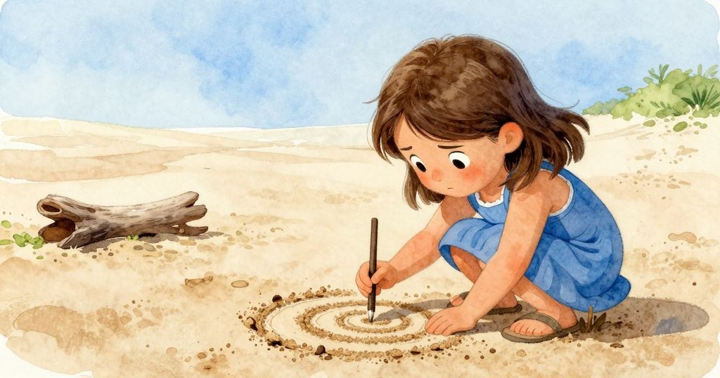 從Hazel肩後視角看見她專注繪製沙螺旋，樹枝滑過細沙並映出海浪微光，充滿沉靜創作氛圍