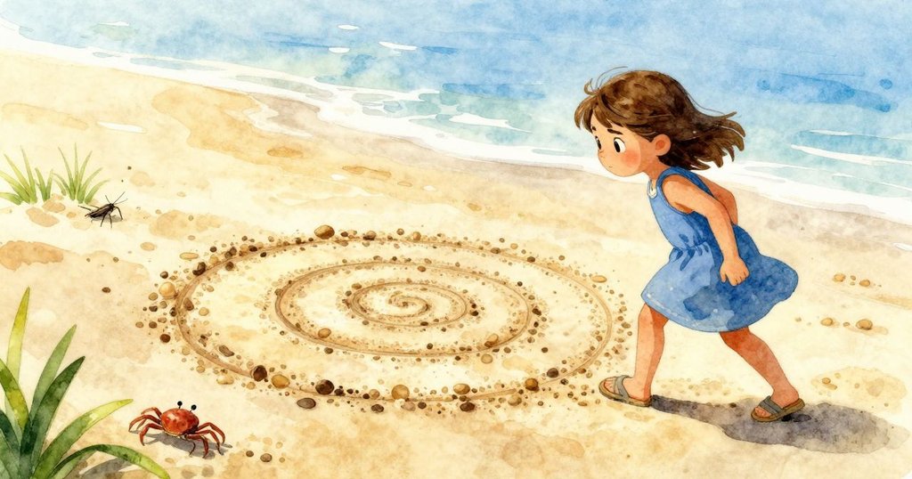 Hazel站在完成的沙螺旋旁，觀望近岸湧來的泡沫，身旁小蟹和草蟲點綴沙灘，心情輕鬆愉悅