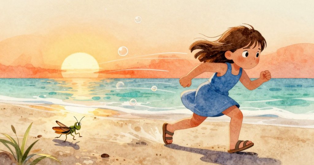 動感場景中，泡沫邊緣起泡，小草蟲飛躍留下動態軌跡，沙面隨浪花變幻，充滿活力與驚喜