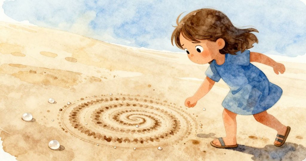 在海浪退去時，Hazel退後欣賞沙中螺旋藝術，細密水珠點綴其間，氛圍神秘而引人沉思