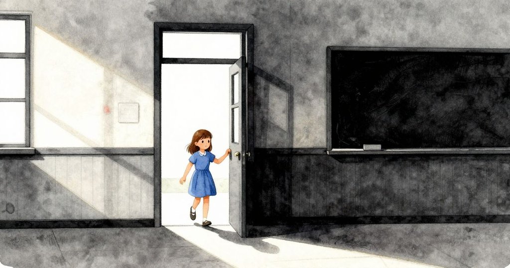 斯特拉踏入學校走廊入口，注意到發出金屬響聲的地面，背景有公告板和大門，充滿期待。