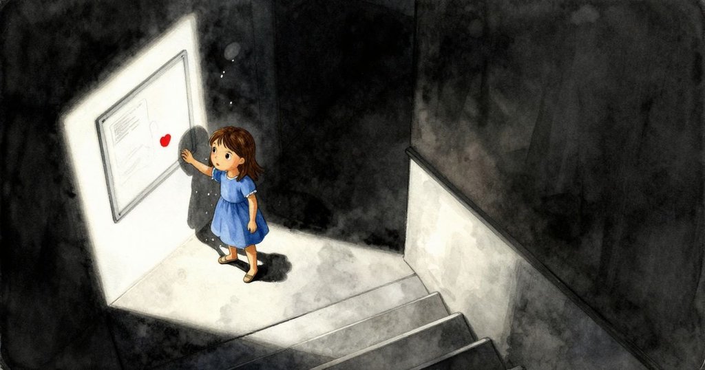 從高處看見走廊內公告板微振，地面散落圖釘與紙張，水流正緩緩滑向樓梯，場景充滿細節。