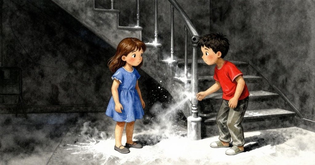 樓梯平台上水流與粉筆灰相混，形成細膩塗層，營造出潛在混亂感，場景細節豐富。