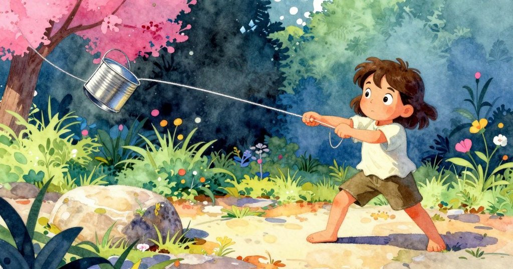 Zara在花園中拉著棉線,鐵罐懸浮於溫暖石面上,表情充滿好奇,展開探索之旅