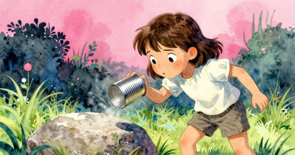 Zara在傾斜視角中調整旋轉鐵罐,品味金屬氣息,表情專注,動作充滿活力,背景呈現花園色彩