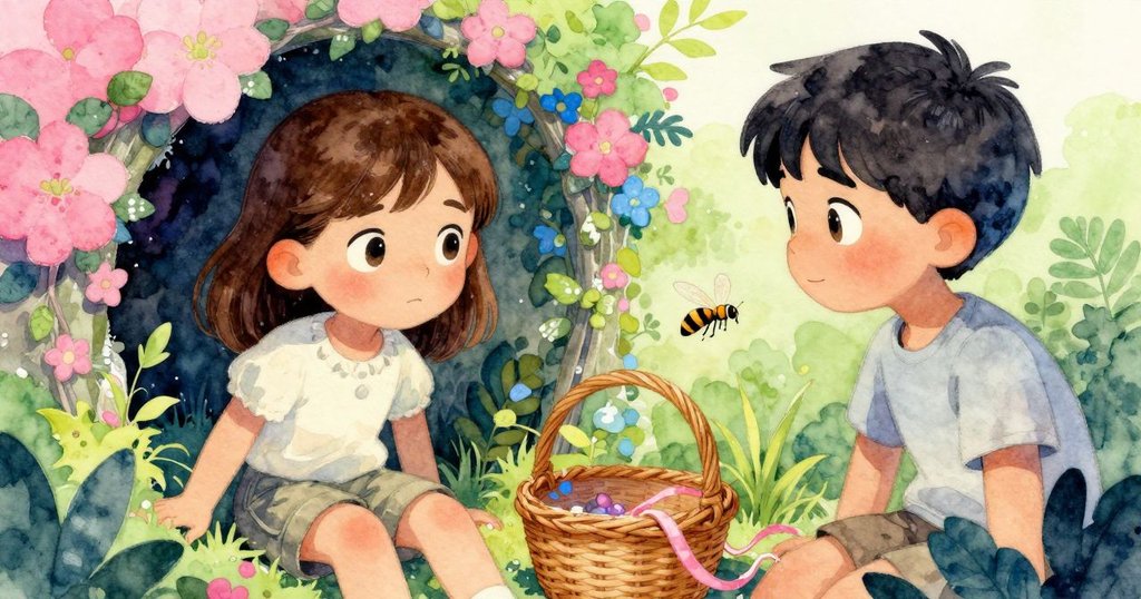 隱蔽花園角落中,一隻有條紋胡蜂飛向藤籃,玻璃罐旁粉色飲料微溢,細帶於棉線上流淌,氛圍神秘