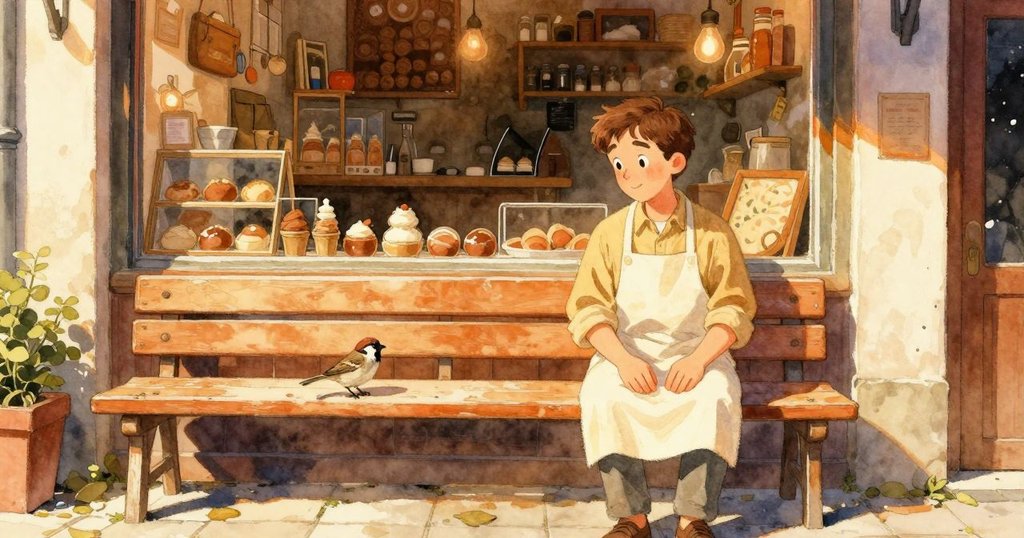 Cal未出現，畫面展現溫暖麵包店外景，雀鳥活躍於陽光長椅上，早晨氣氛輕快，充滿期待