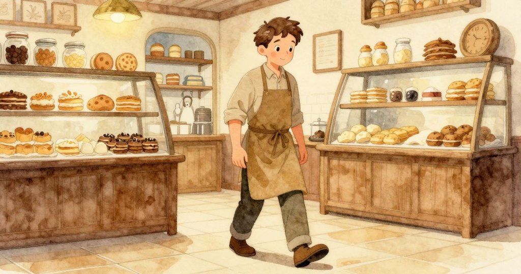 Cal穿著工作服沿光亮石瓷地板前進，展現決心與專注，室內光線溫暖柔和，氛圍舒適