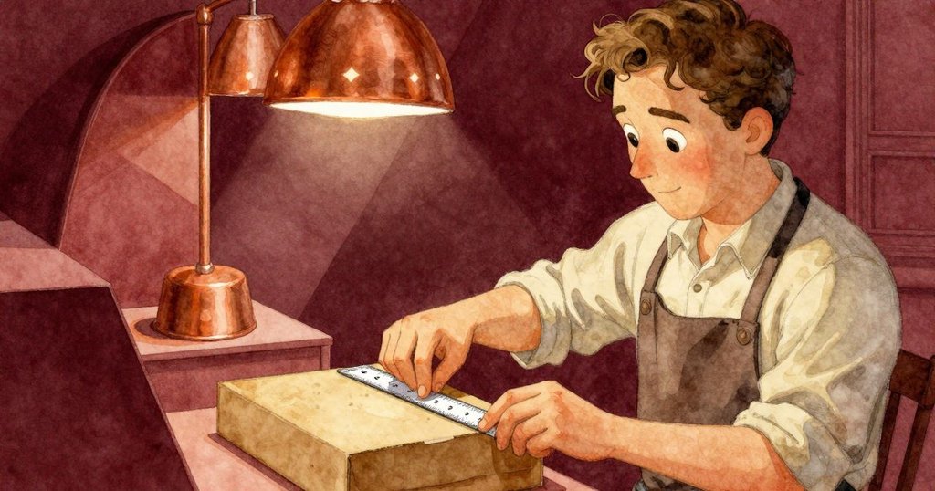 Cal在包裝台前用塑膠尺精心整理糕點盒，奇異角度營造迷幻感，細節豐富專注於包裝工序