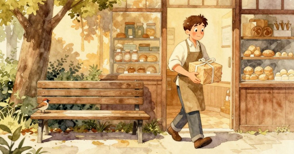 Cal攜帶包裝完美糕點離開麵包店，外景中雀鳥靜候，夕陽柔光中形成溫馨結局，展現滿足與平靜