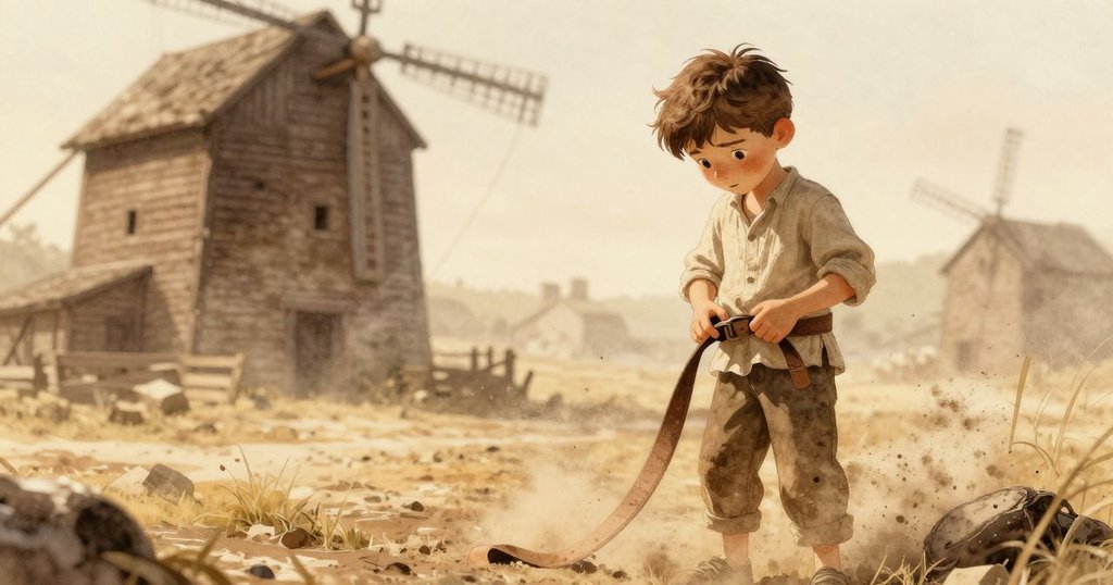 桑德站在磨坊內輕觸鬆弛的皮帶,晨光灑入,粉塵飛舞,呈現出寧靜而專注的早晨情境