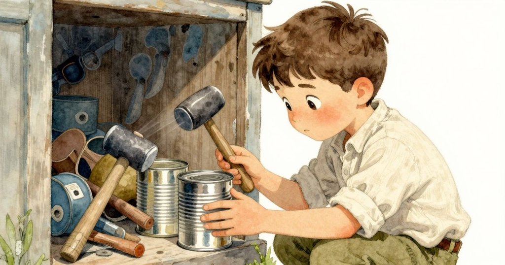 桑德在工具間仔細搜尋,發現只有油罐與鐵槌,表情中流露出意外和堅定,細節豐富的環境