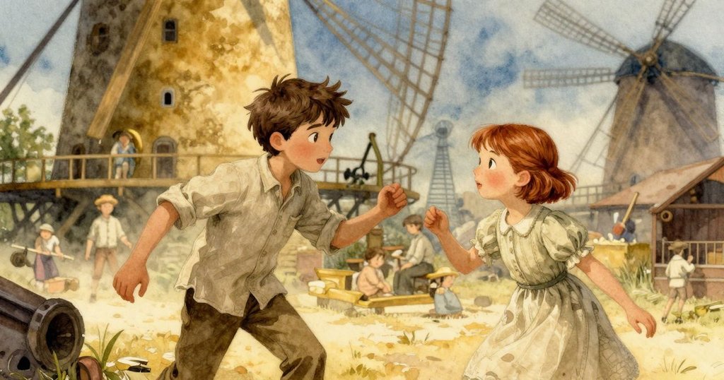 伊內斯在磨坊中細心掃拭粉塵,桑德注視著皮帶,場景層次豐富,展現協調合作的動作