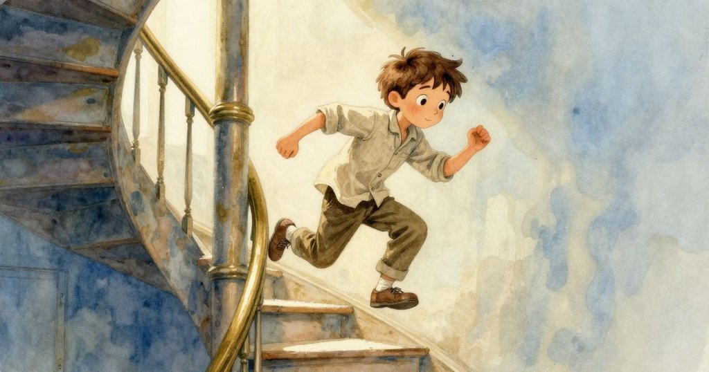 桑德急速攀爬螺旋樓梯,手觸滿是塵埃的扶手,神情專注緊迫,動態轉換的場景呈現出挑戰與決心