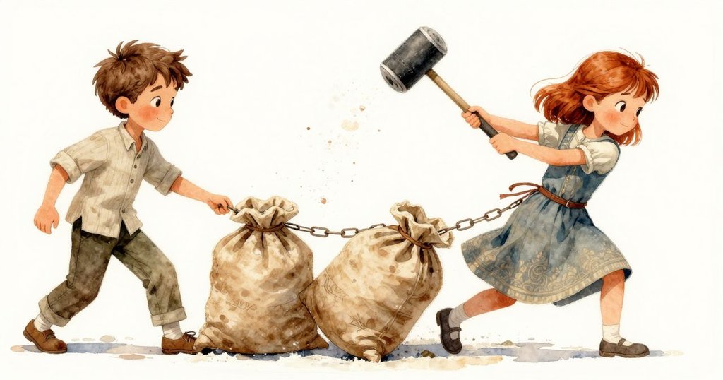 鬆弛的皮帶猛然彈出,鐵槌滾動觸及秤台,引發粉袋連鎖傾倒,動感十足,塵埃飛揚的情景