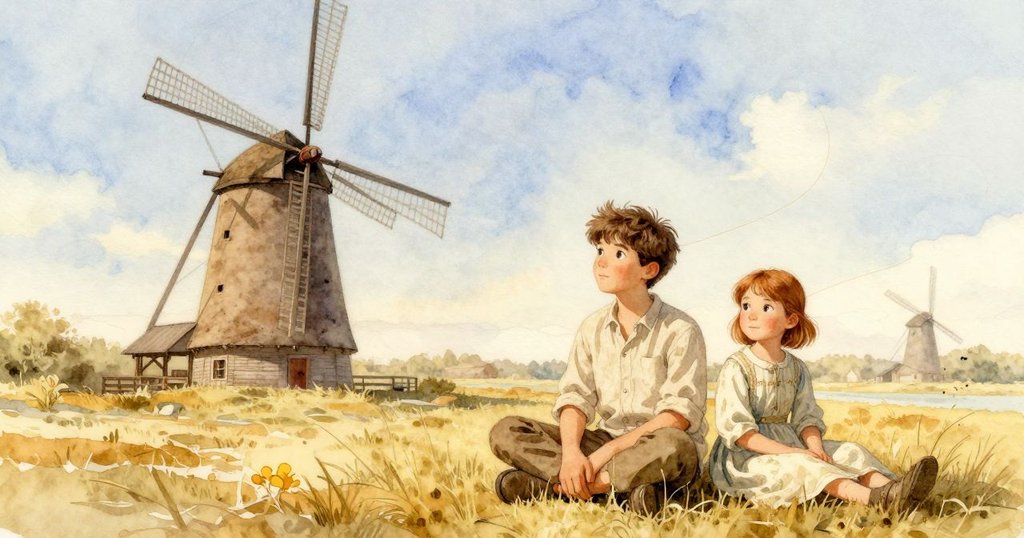 桑德與伊內斯在午後溫暖的光影下於磨坊中安坐,修復的皮帶和整齊楔子旁,粉塵輕舞,呈現出寧靜收尾